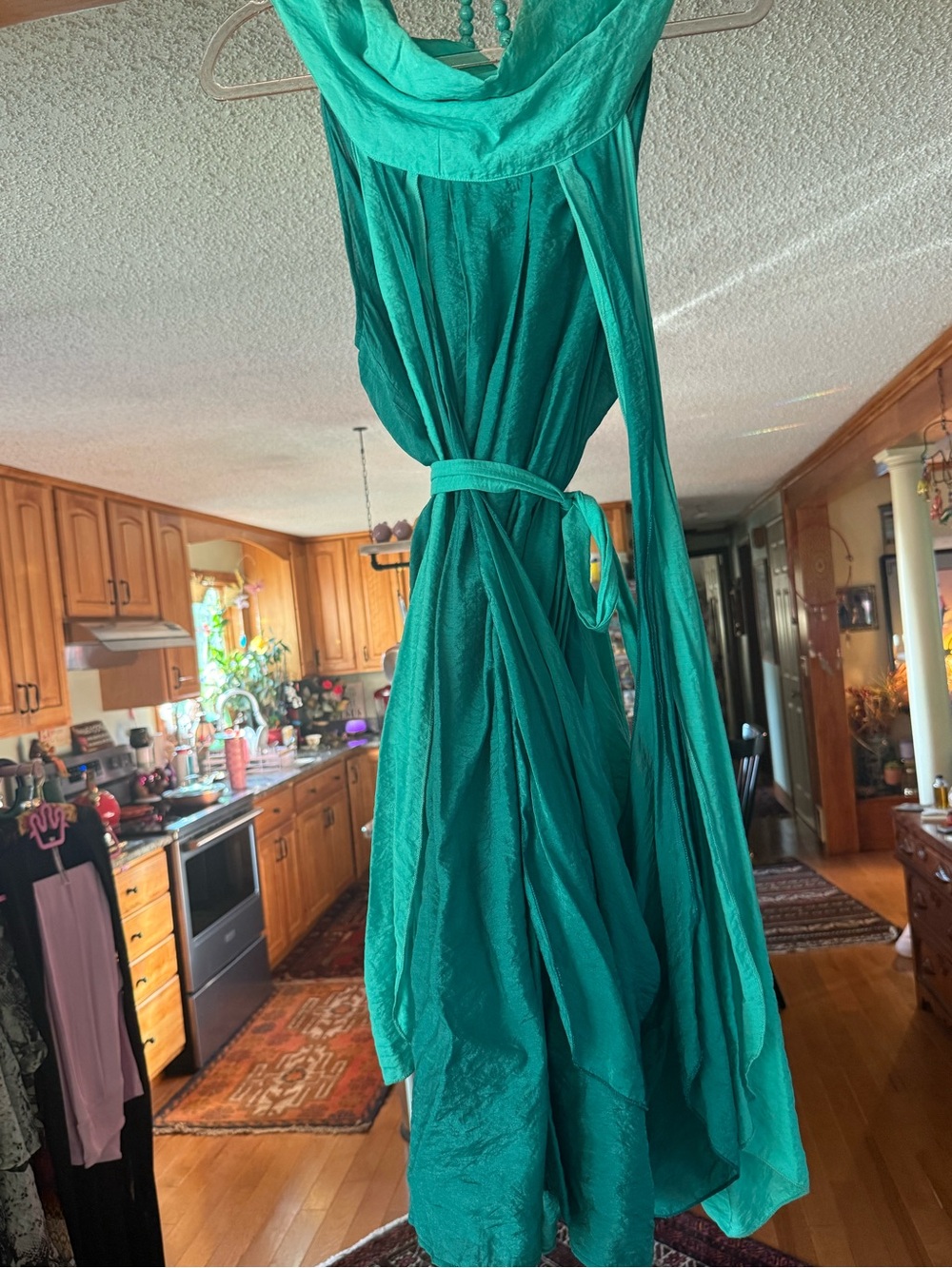 One-Shoulder Teal Wrap Dress with Waist Tie